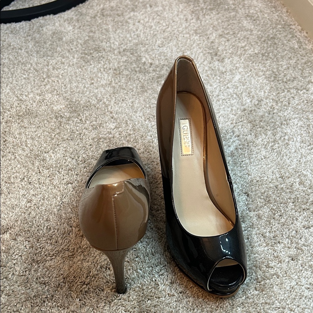 Guess Black and Tan Peep Toe Heels